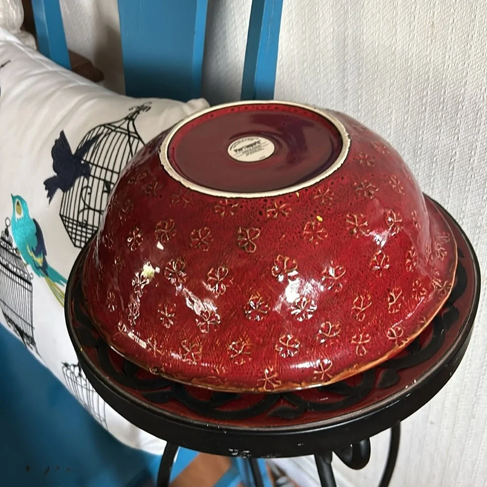Burgundy Red ASIAN BLOSSOM Round STONEWARE SERVING BOWL